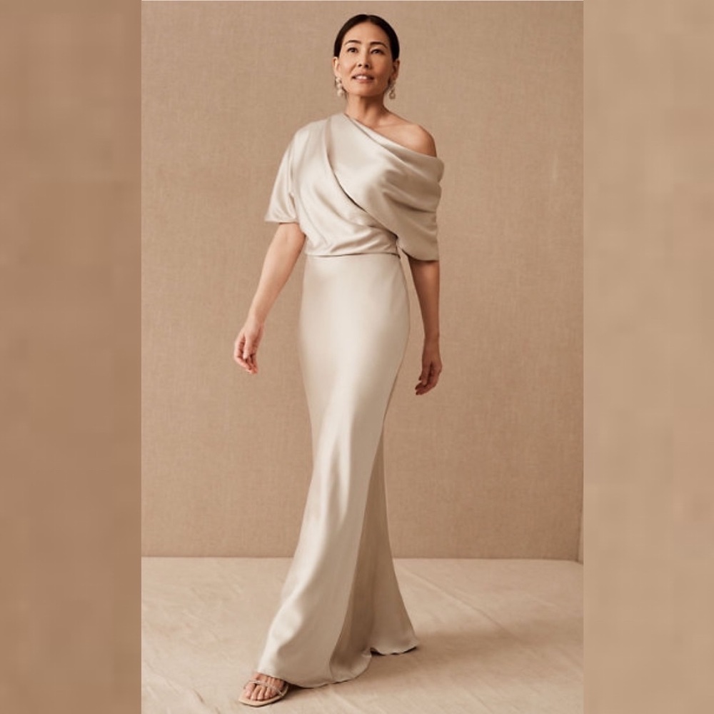BHLDN AMSALE  Pryce Off-the-Shoulder Column Dress in COLOR: NEUTRAL